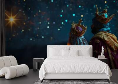 Three Wise Men in traditional costumes follow a bright star in the night sky, holding gifts as they travel Wall mural