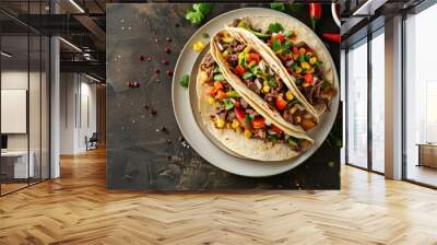 Two beef tacos with fresh corn, red bell peppers, onions, and cilantro on a white plate, with salsa and chili peppers in the background Wall mural