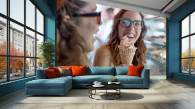 Two women enjoying ice cream inside a store Wall mural