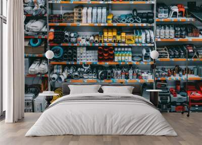 Various types of tools neatly arranged on shelves in an auto parts store Wall mural