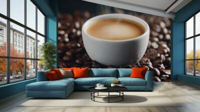 A steaming cup of coffee surrounded by roasted coffee beans. Wall mural