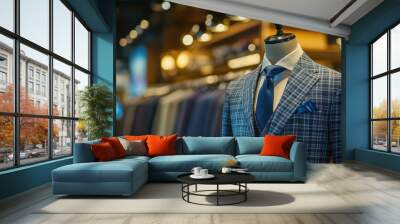 A tailored suit displayed on a mannequin in a stylish clothing store. Wall mural