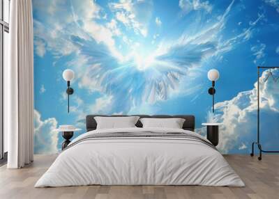 flying angel in clear blue sky with clouds. AI generated images Wall mural