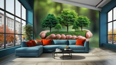 Human hand tree with natural green background. Plant growth and environmental protection concept Wall mural