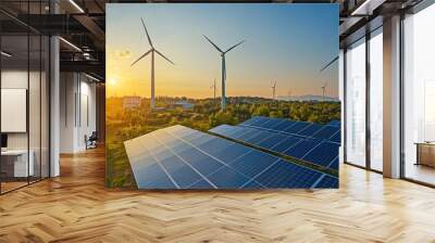 Solar panels and wind turbines generating renewable energy during sunset, symbolizing sustainable power solutions for the future Wall mural