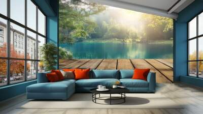 wooden board table in front of dreamy and abstract forest lake landscape Wall mural