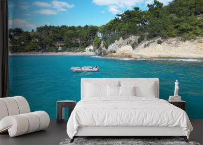 Experience a serene coastal view with crystal clear waters and lush greenery surrounding you Wall mural