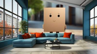 funny courier packages, cardboard box sad, Tired sad box, white background Wall mural