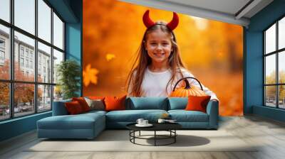 Witch costume, Pumpkin Costumes, happy kids, lit jack-o'-lantern, spooky scene, vibrant scene, orange pumpkins, fantasy pumpkins, concept. Wall mural