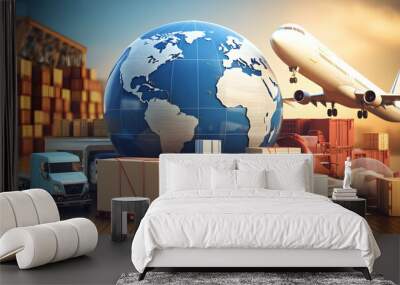 world map, transportation industrial concept, container cargo, Logistic import export, smart transportation, Truck logistics, Distribution Network, Technology Retail Warehouse Wall mural