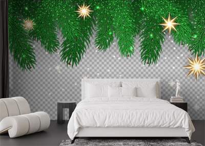 Green vector fir branches, lights, stars, isolated on transparent background. Christmas tree, xmas evergreen pine,  plants on seamless banner. Illustration for mockup design, decoration borders. Wall mural