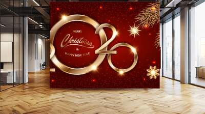 Merry Chistmas and Happy New Year 2020 shining luxury Xmas red background with gold text, confetti, fir branches and glitter stars, sparkling dust, tinsel. Mockup for banner, vector illustration. Wall mural