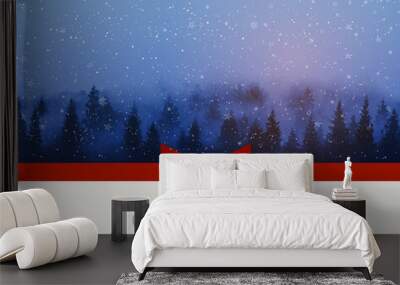 Christmas greeting card with white snowflakes on blue winter night forest background Wall mural