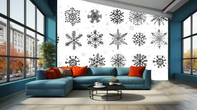 Collection of doodle snowflakes on white background. Wall mural