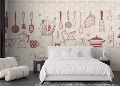 Composition with doodle kitchen utensils on vintage beige polka dot background. Vector sketch illustration Wall mural