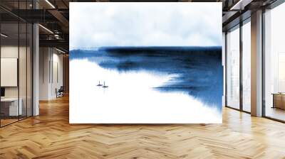 Minimalist ink wash painting landscape with fishing boats and sea coast. Traditional Japanese ink wash painting sumi-e. Wall mural