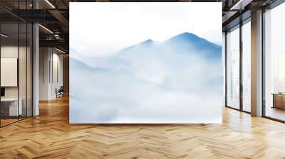 Misty mountains with gentle slopes and flock of birds in the sky. Traditional oriental ink painting sumi-e, u-sin, go-hua. Wall mural