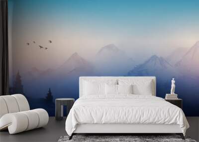 Night landscape with misty mountains. Traditional oriental ink painting sumi-e, u-sin, go-hua. Wall mural