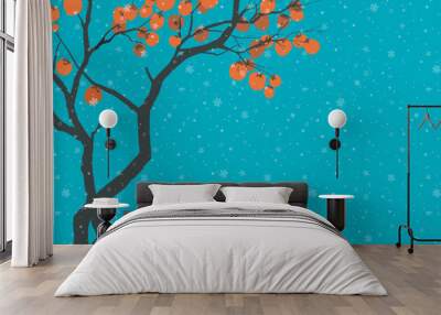 Persimmon tree with big orange fruits on blue background with snow. Translation of Hieroglyph - life energy. Vector illustration in japanese style Wall mural