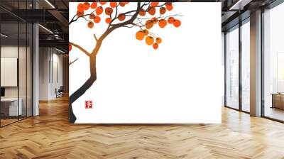 Persimmon tree with big orange fruits on white background. Translation of hieroglyphs - peace, tranquility, clarity, happiness. Vector illustration in japanese style. Wall mural