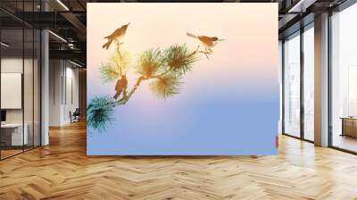 Pine tree branch and birds on sunset sky background. Traditional Japanese ink wash painting sumi-e.  Hieroglyph - happiness. Wall mural