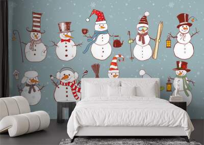 Set of doodle sketch snowmen Wall mural