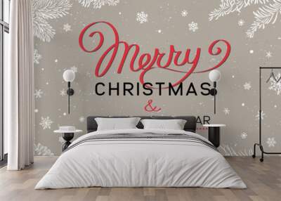 Christmas banner with branches of christmas tree on brown. Happy new year greeting. Wall mural