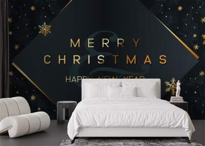 Christmas Poster on black. Vector illustration of Christmas Background with golden snowflakes and geometric decorative elements. Wall mural