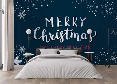 Christmas Poster on the navy blue. Vector illustration of Christmas Background with snow and silver snowflakes. Wall mural