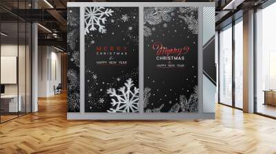 Christmas Poster set on black. Vector illustration of Christmas Background with branches of Christmas tree. Wall mural