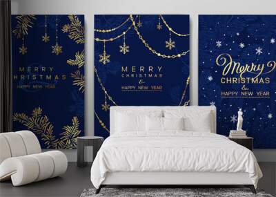 Christmas Poster set. Vector of Christmas cards with golden branches of Christmas tree on deep blue background. Wall mural