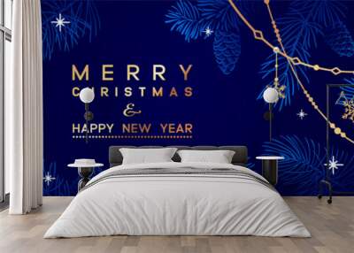 Christmas Poster with golden pine branches on dark blue background. New year illustration. Winter design. Wall mural