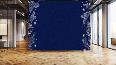 Christmas Poster. Vector of Christmas frame with silver branches of Christmas tree on deep blue background. Wall mural