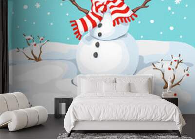 Cute Christmas greeting card with snowman and bullfinch. Greeting card with snowmen and snowfall. Wall mural