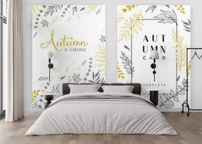 Gold color invitation with floral branches. Autumn cards templates for save the date, wedding invites, greeting cards Wall mural