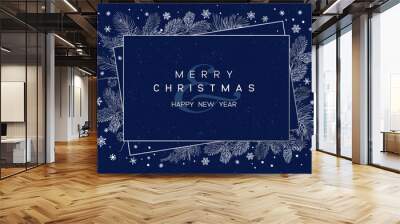 Vector card of Christmas Background with branches of christmas tree and silver elements. Wall mural