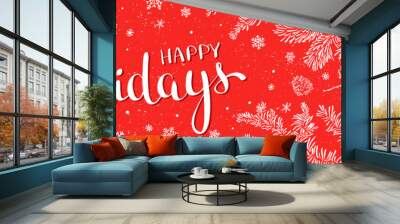 Winter holidays banner with branches of christmas tree on red. Happy new year greeting. Wall mural