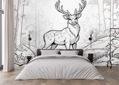 A forest scene coloring page with a deer. Perfect for children's coloring books. Illustrated in black and white outline. Wall mural