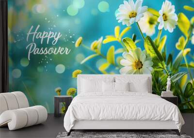 Passover banner template with spring flowers. Happy Passover inscription. Jewish holiday colorful background. Pesach celebration concept. Wall mural