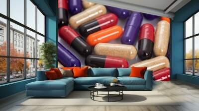 Heap of various medicine pills background. Close up Wall mural