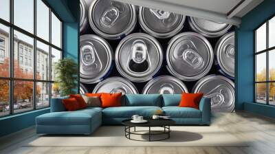 metal beer cans background, one can is open. top view Wall mural