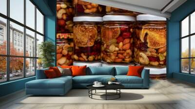 Nuts with honey in glass jars. Harvest of nuts. Delicacy and Healthy food. Homemade preservation in autumn. Wall mural