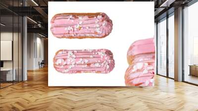 Traditional french eclairs with pink chocolate on white Wall mural