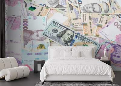 Ukrainian money - 500 hryvnia banknotes USA 100 dollars bills. Finance crisis in Ukraine, the fall of the hryvnia to the dollar exchange rate. Money background Wall mural