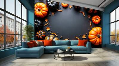 halloween decorations on white desk flat lay top view frame made of spiders bats pumpkins happy halloween banner design Wall mural