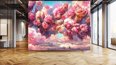 Abstract pink flowers against the blue sky. Generative AI Wall mural