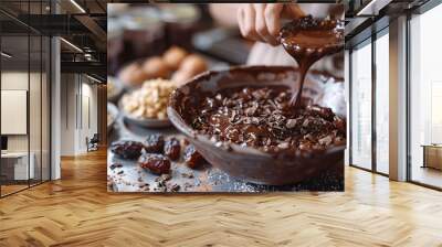 a raw foodist woman making a raw chocolate dessert she stirs melted cacao in a bowl dates and nuts are scattered on the counter Wall mural