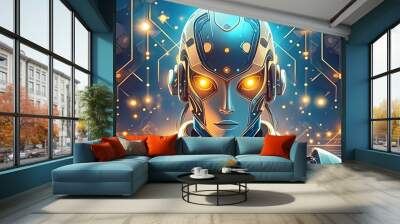 Character design of a robot or cyborg in flat style, but with metallic textures and glowing Wall mural