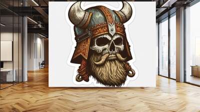 Viking vintage sticker. Design for t-shirt, logo, web, banner. Portrait of a severe viking in a helmet. Viking warrior head Wall mural