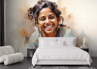 Watercolor portrait of a young Indian woman. Young girl smiling, close-up portrait. Illustration Wall mural